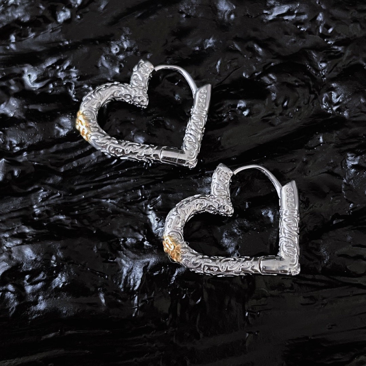 Korean Version Pure Silver 925 Silver Color Block Tang Grass Pattern Heart Earrings Studs Trendy Fashion Versatile Exquisite Heart Shape