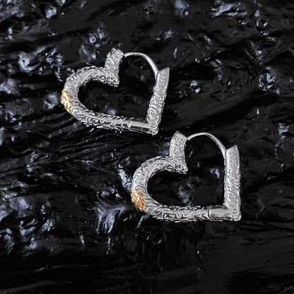 Korean Version Pure Silver 925 Silver Color Block Tang Grass Pattern Heart Earrings Studs Trendy Fashion Versatile Exquisite Heart Shape