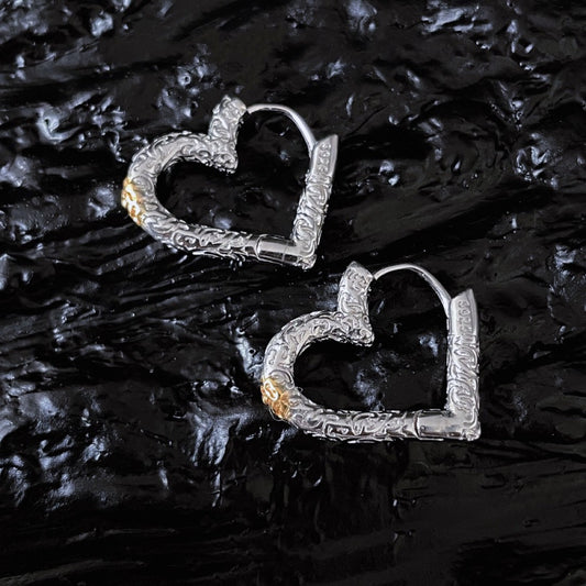Korean Version Pure Silver 925 Silver Color Block Tang Grass Pattern Heart Earrings Studs Trendy Fashion Versatile Exquisite Heart Shape