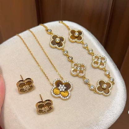Sterling Silver S925 Tiger Eye Four-Leaf Clover Necklace Earrings Bracelet Set for Women Fashion Versatile Personality Light Luxury High-End Jewelry