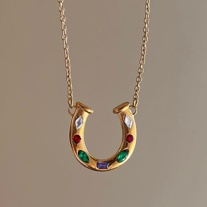 Stainless Steel gold Lucky Horseshoe U-Shaped Necklace Rainbow Element Kaleidoscope Lucky Symbol Inlaid Diamond Collarbone Chain for Women Color Retention