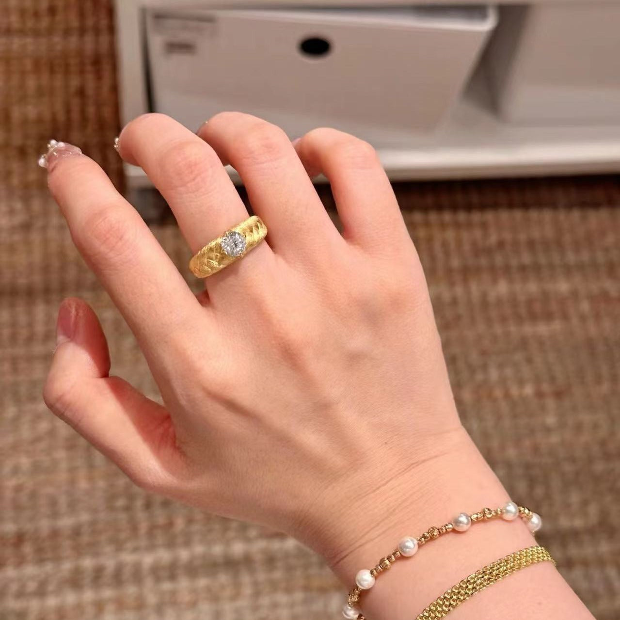 Italian Vintage Brushed Light Luxury High-End 925 Sterling Silver Brushed Craft Forged Wheat Ear Weave Diamond Ring