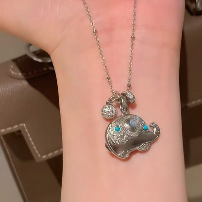 Pure Silver S925 Ethnic National Style Ancient Method Gold Elephant Turquoise Necklace Lucky Fortune Harvest Necklace Light Luxury Fashion
