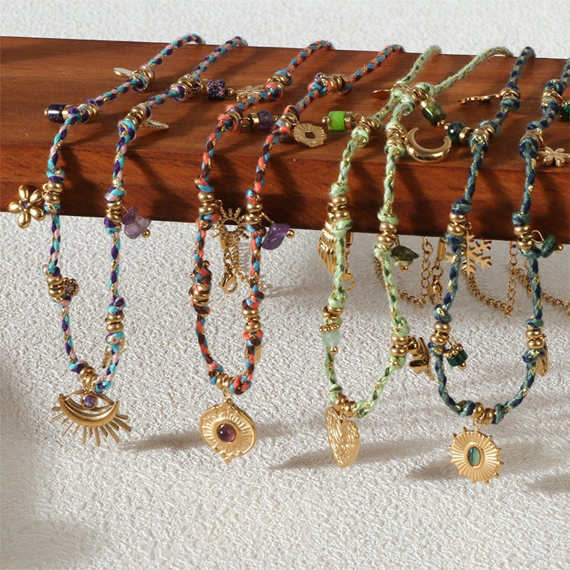 Summer Sea Style Starfish Moon Heart Pendant Colorful Dopamine Rope Braided Necklace