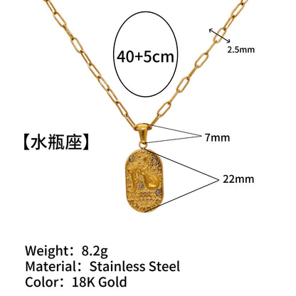 18K Gold Plated Zircon Embossed Ancient Method Pendant Zodiac Titanium Steel Necklace