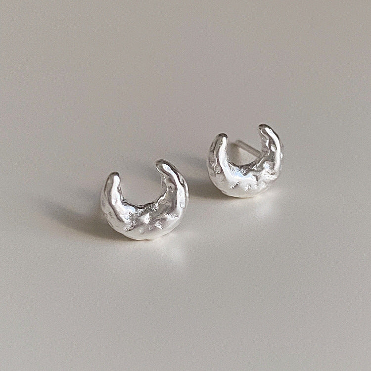 S925 Sterling Silver Textured Moon Earrings Studs for Women, Niche Design with High-end Feel, Korean Minimalist Style Earrings