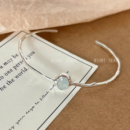 S925 Sterling Silver Aquamarine Open Bracelet for Women Irregular Design Niche Cool Minimalist Oval Bracelet