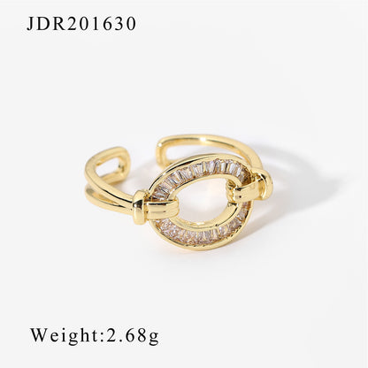 New INS Style 18K Gold Copper Inlaid Zircon Open Ring Fashion Retro Style Couple Ring Geometric Ring for Women