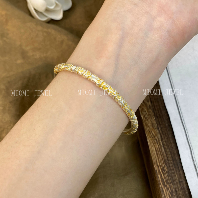 Pure Silver 9999 Sterling Silver Light Luxury Gold Cherry Blossom National Style New Chinese Style Bracelet Personalized Gold Handmade Gold Light Luxury
