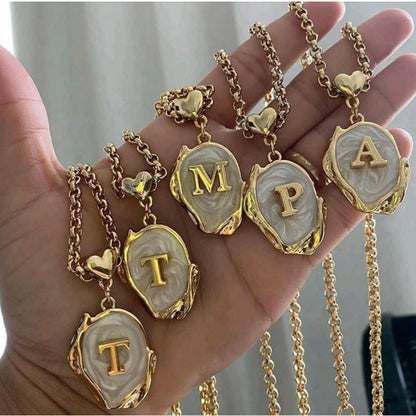 Titanium Steel 26 Letters Gold Medal Necklace Oil Drop Three-Dimensional Character Pendant Holiday Style Oyster Shell Clavicle Chain for Women