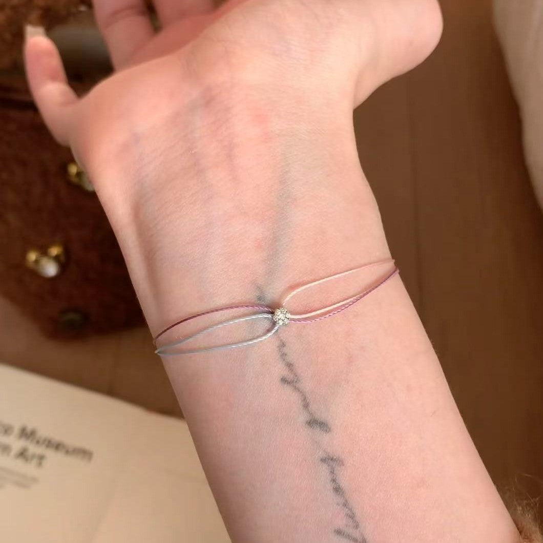 Three-Color Rainbow Small Red Rope Hand-Woven Bracelet with Sparkling Diamonds, Light Luxury Fashionable Versatile Women's Bracelet