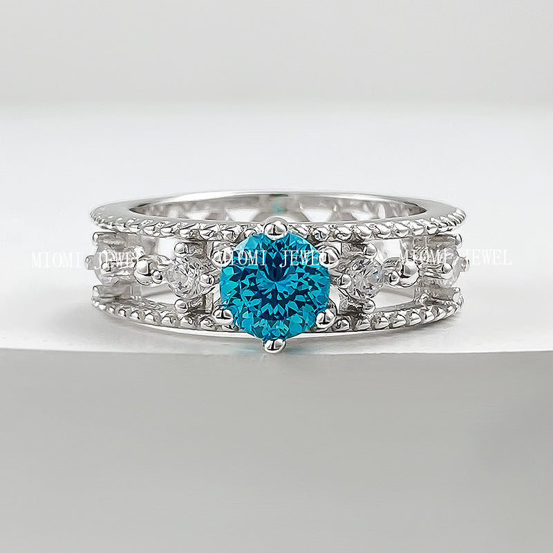 Gold Jewelry S925 Silver Daily Luxury Style One Carat Aquamarine Firework Cut Ring for Women Fashion Versatile Style