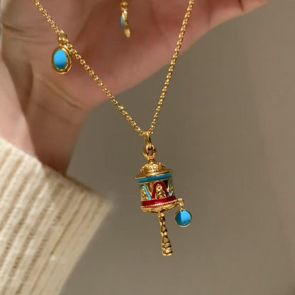 New Chinese Style Enamel Craft Prayer Wheel Necklace Vintage Exquisite Light Luxury Niche Temperament Collarbone Chain