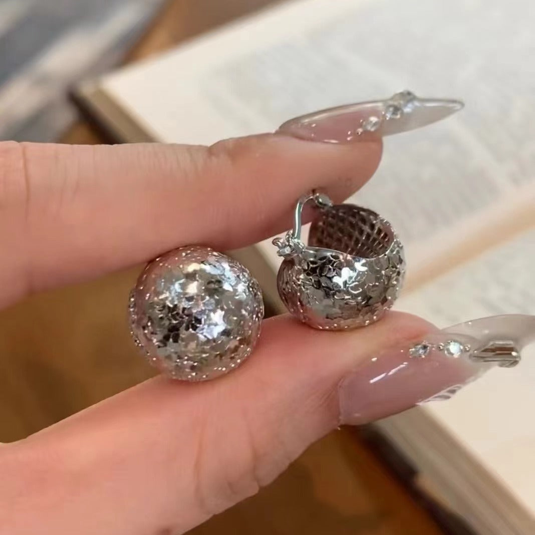 Light Luxury Jewelry Pure Silver S925 Real Gold Plated Crushed Ice Sparkling Pinecone Earrings Fish Scale Hong Kong Style Versatile High-end