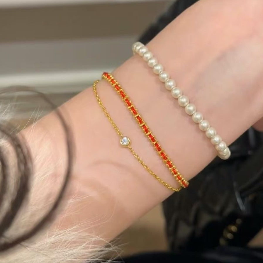 Pure Silver S925 Red Rope Layered Bracelet Adjustable Length High-end Design Niche Versatile Zodiac Year