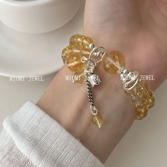 S925 Sterling Silver Yellow Crystal Double Circle Bracelet for Women New Chinese Style National Style Lily of the Valley Pendant Bracelet Gift for Girlfriend