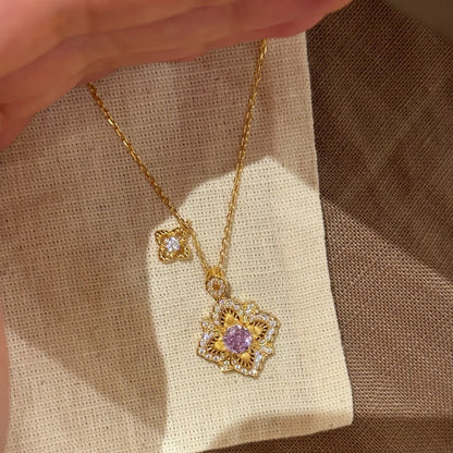 Pure Silver S925 Buchi Style Four-Leaf Clover Brushed Craft Purple Rose Cut High Carbon Diamond Necklace Light Luxury Retro