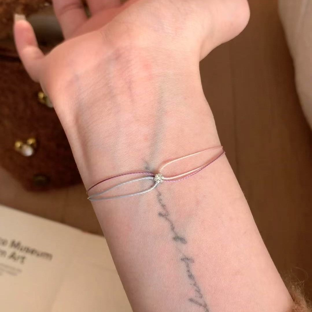 Three-Color Rainbow Small Red Rope Hand-Woven Bracelet with Sparkling Diamonds, Light Luxury Fashionable Versatile Women's Bracelet