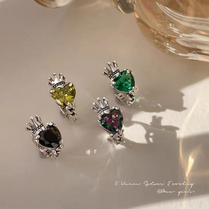 Korean Version Ins Style Cool Style Pure Silver S925 Crown Love Heart Color Zircon Earrings Ear Clips Ear Studs Exquisite Heart Shape