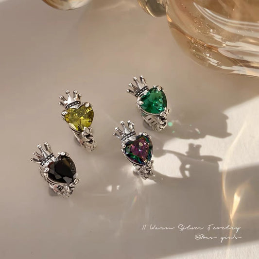 Korean Version Ins Style Cool Style Pure Silver S925 Crown Love Heart Color Zircon Earrings Ear Clips Ear Studs Exquisite Heart Shape
