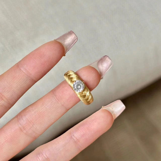 Italian Vintage Brushed Light Luxury High-End 925 Sterling Silver Brushed Craft Forged Wheat Ear Weave Diamond Ring