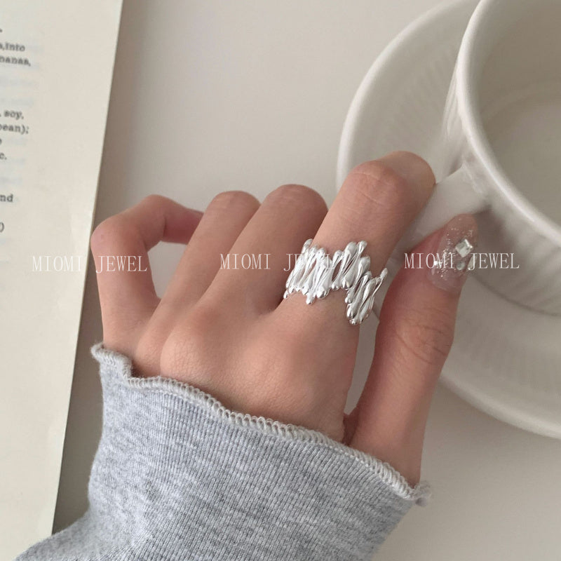 S925 Sterling Silver Irregular Water Drop Ring for Women Korean Retro High-end Niche Design Ring