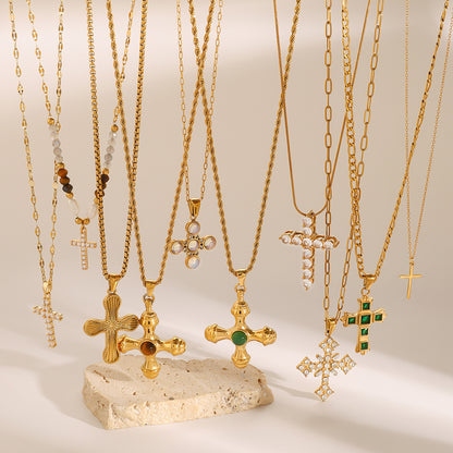 Stainless Steel Cross Pendant Necklace Zircon Natural Stone Clavicle Chain Titanium Steel Neck Chain Jewelry