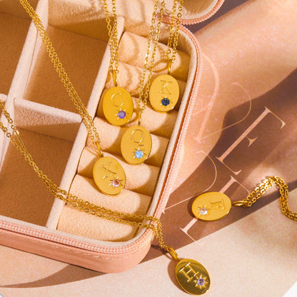 Titanium Steel 26 Letters Zircon Pendant Necklace Twenty-Six Initials Clavicle Chain Furnace Vacuum Electroplating