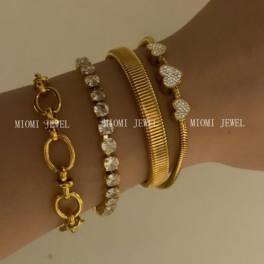 Stackable Bracelet Set Combination Stainless Steel Exquisite Diamond-Encrusted Wide Strap Mesh Chain Heart Bracelet Versatile Set
