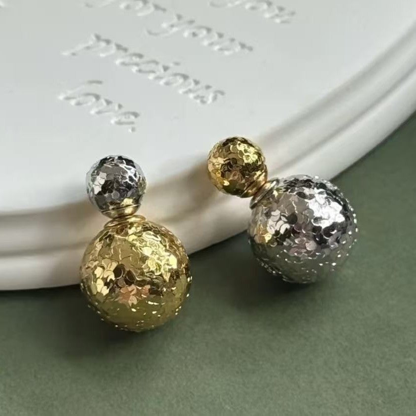 Sterling Silver S925 CNC Crushed Ice Sparkling Two-tone Round Ball Earrings Light Luxury High-end Fashion Versatile Niche Unique