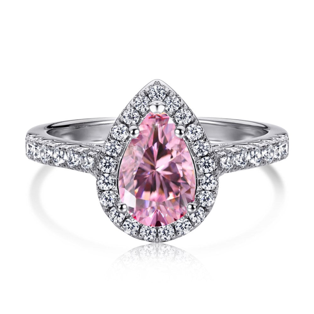 S925 Sterling Silver Ring Inlaid with Pink Water Drop Heart Zircon Ring Row Diamond Ring Pink Diamond Ring
