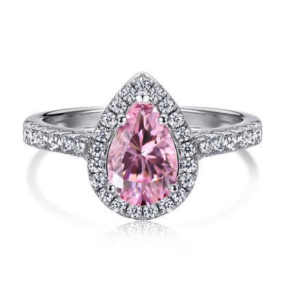 S925 Sterling Silver Ring Inlaid with Pink Water Drop Heart Zircon Ring Row Diamond Ring Pink Diamond Ring