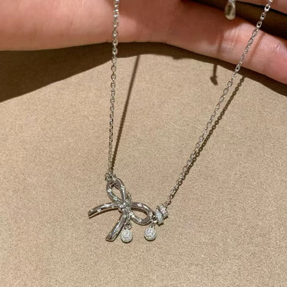 Sterling Silver S925 Runaway Princess Bow Necklace Light Luxury Vintage High-Value Sweet Versatile Collarbone Chain