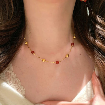 Sterling Silver S925 French Retro Laser Cat's Eye Red Agate Necklace Bracelet Set Fashion Light Luxury Layered Collarbone Chain