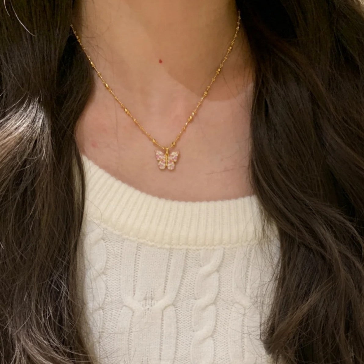 Pure Silver S925 Spring Gradient Pink Butterfly Brushed Craft Double-Sided Necklace Simple Versatile