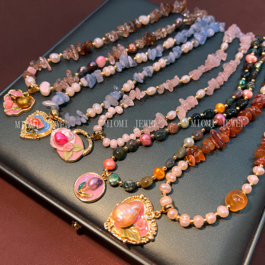 Monet Garden Oil Painting Natural Pearl Mixed Color Natural Stone Crystal Amazonite Handmade Beaded Old Money Style Necklace