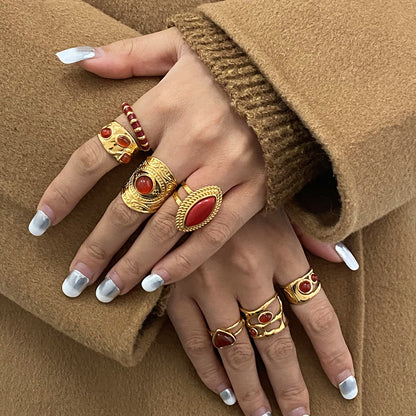 18k Gold Stainless Steel Red Agate Heart Necklace High-end Pendant Earrings Niche Ins Style Ring