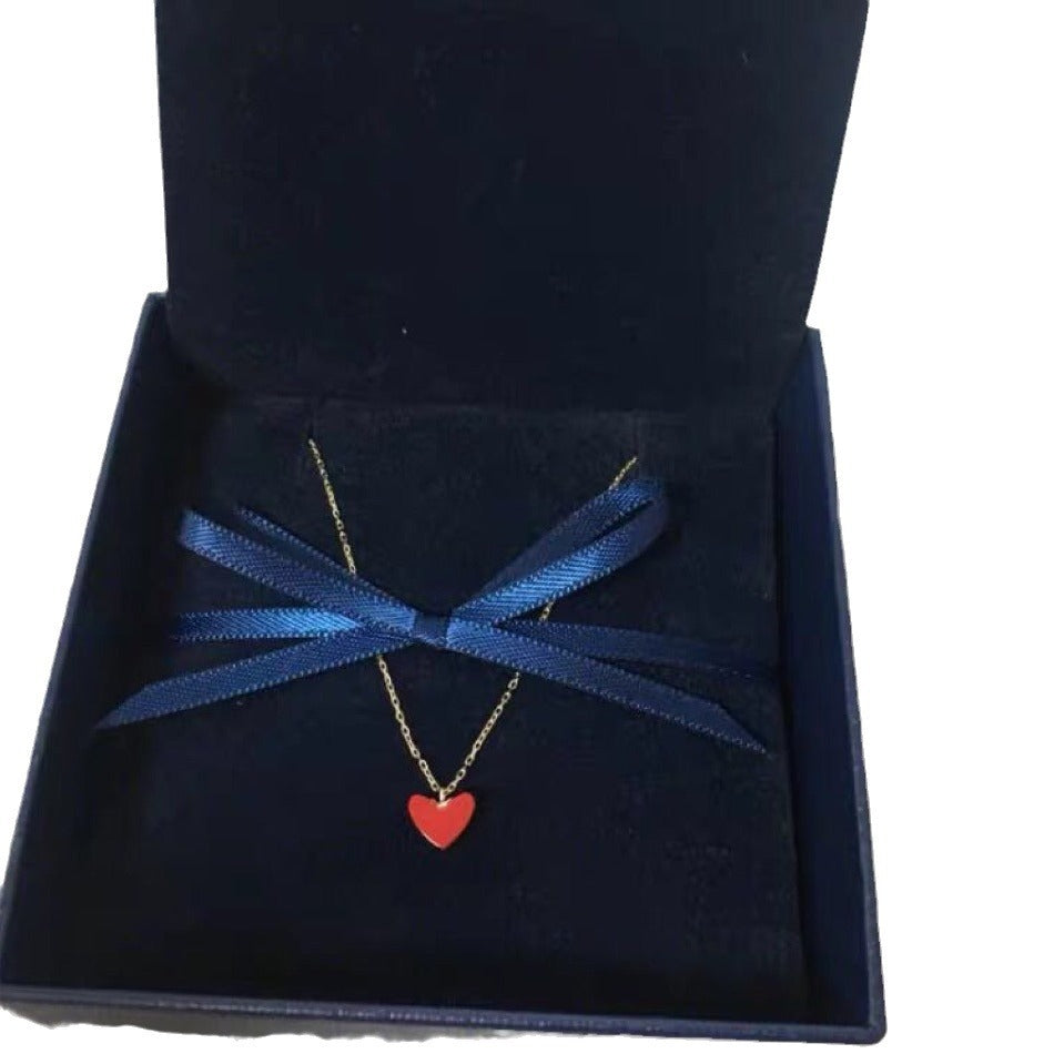 AHKAK Pure Silver 18K Gold Plated Small Red Heart Necklace Large Collarbone Chain Ins Style Niche Fashion Simple Trendy