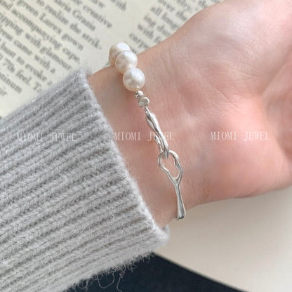 S925 Sterling Silver Natural Freshwater Pearl Half Bracelet Bangle Niche Light Luxury High-end Design Elegant Gentle Temperament