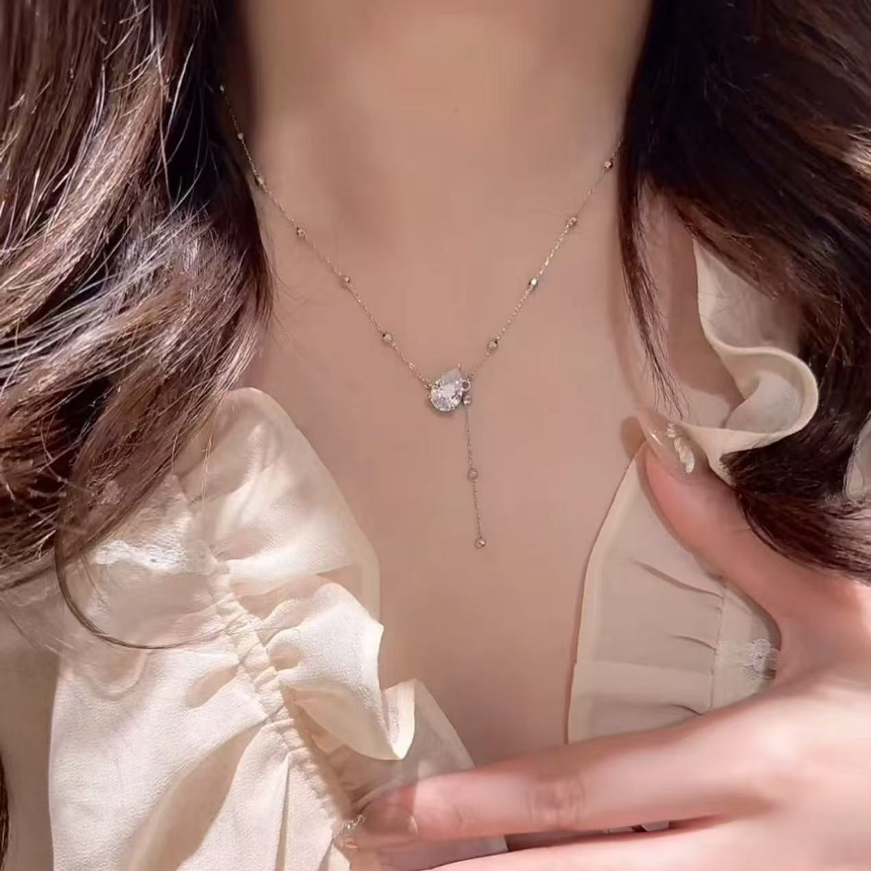 Pure Silver S925 Rachel Water Drop Collarbone Chain Zircon Water Drop Tassel Necklace Luxurious and Elegant Collarbone Chain