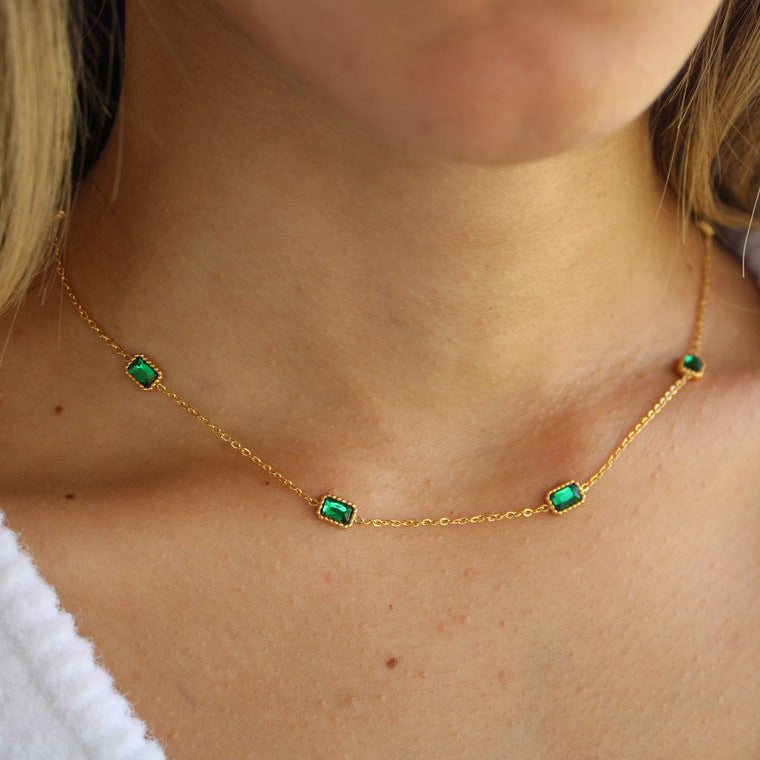 Ins Style Square Emerald Zircon Necklace Light Luxury Niche High-end Titanium Steel Collarbone Chain Necklace Bracelet