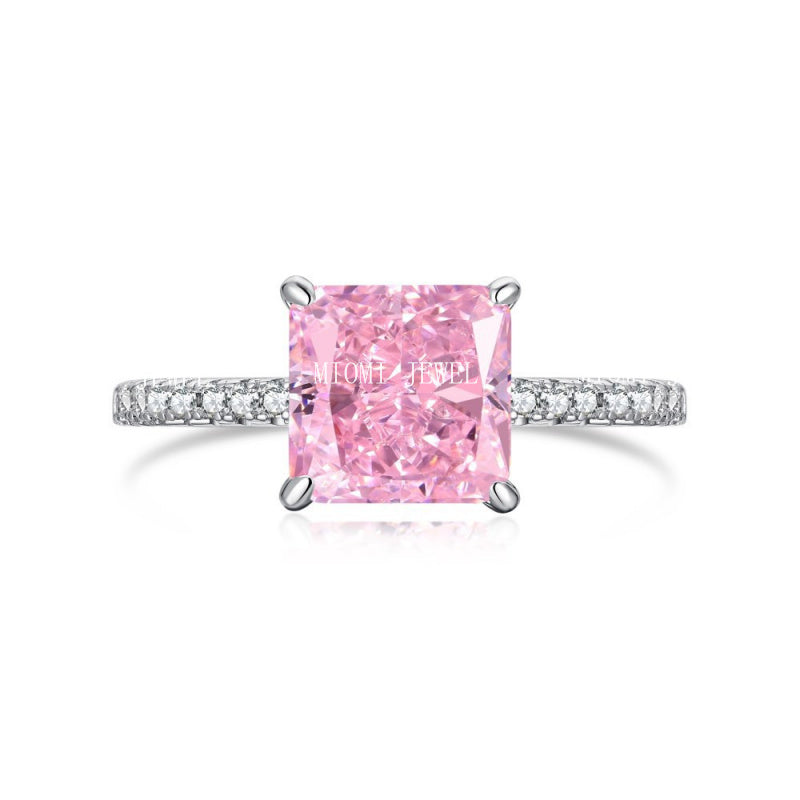 925 Sterling Silver Women's INS Heart Pink Ring Pink Diamond Sugar Cube Super Sparkling High Carbon Diamond Ring Wedding Ring