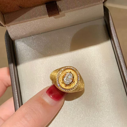 Sterling Silver S925 Italian Brushed Craft Gold Stamp Ring Vintage Niche Personality Light Luxury High-end Feel Ring