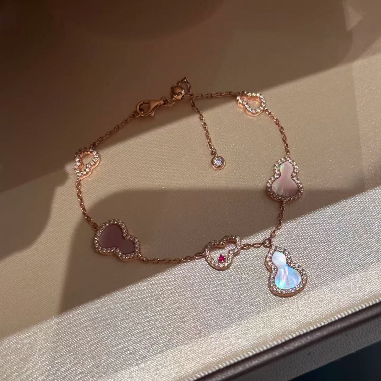 S925 Sterling Silver Natural Pink Mother-of-Pearl Gourd Bracelet Light Luxury Niche Exquisite High-End Feel Elegant Jewelry