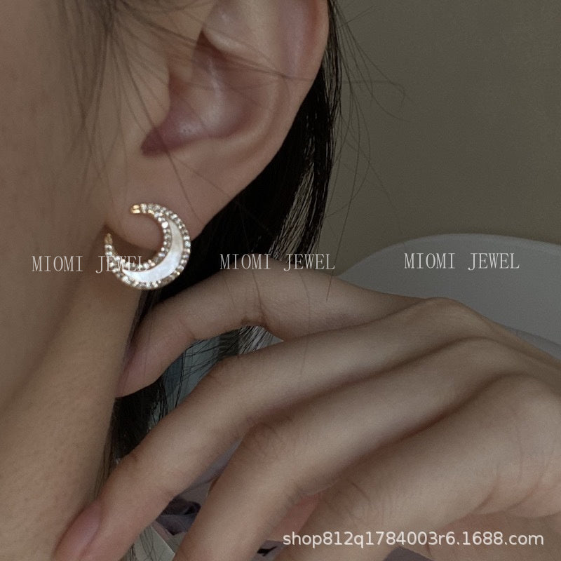Iris Moon Sea Inlaid Diamond Shell Earrings for Women, Pure Silver Simple Minimalist Style Earrings, 2025 Trend
