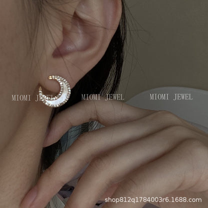 Iris Moon Sea Inlaid Diamond Shell Earrings for Women, Pure Silver Simple Minimalist Style Earrings, 2025 Trend