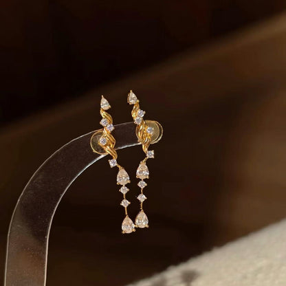 Pure Silver S925 High Carbon Diamond Threader Earrings Vintage High-end Wheat Spike Fine Sparkling Diamond Water Drop Tassel Earrings Light Luxury Unique