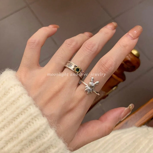 Sterling Silver S925 Vintage Old Flower Pattern Rabbit Ring Light Luxury Distressed Personality Open Index Finger Ring
