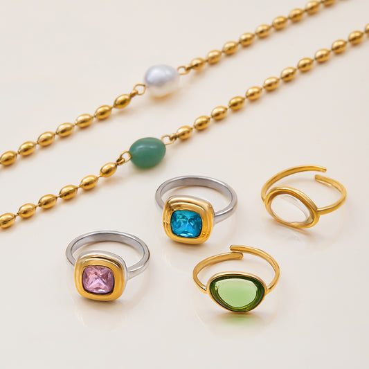 Titanium Steel Gold Bead Pearl Necklace Light Luxury Jewelry High-End Feel Stainless Steel Natural Stone Ring