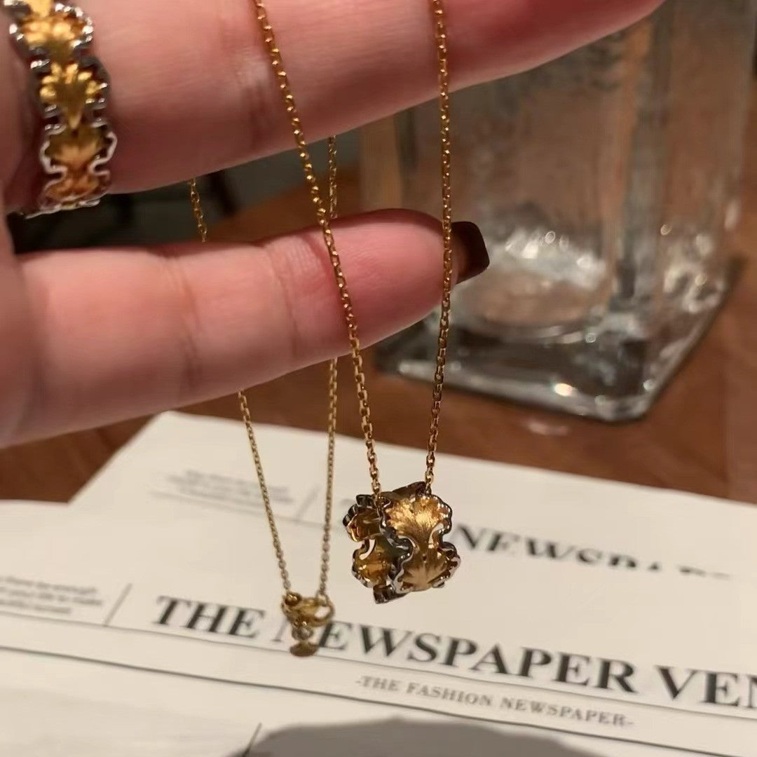 Italian Craft Vintage Brushed Craft Pure Silver S925 Vintage Brushed Ginkgo Leaf Necklace